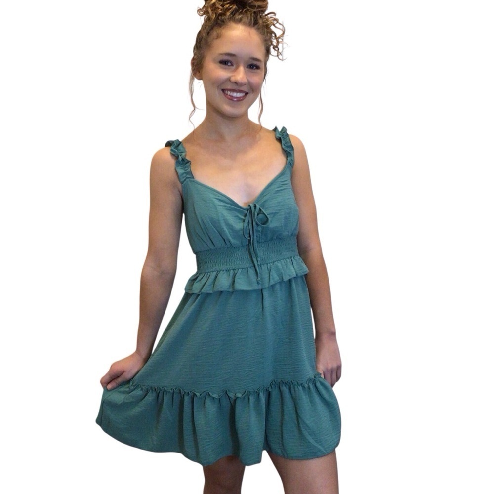 Inspired Hearts Teal Ruffle Dress Juniors Large Tie Front Smocked Waist